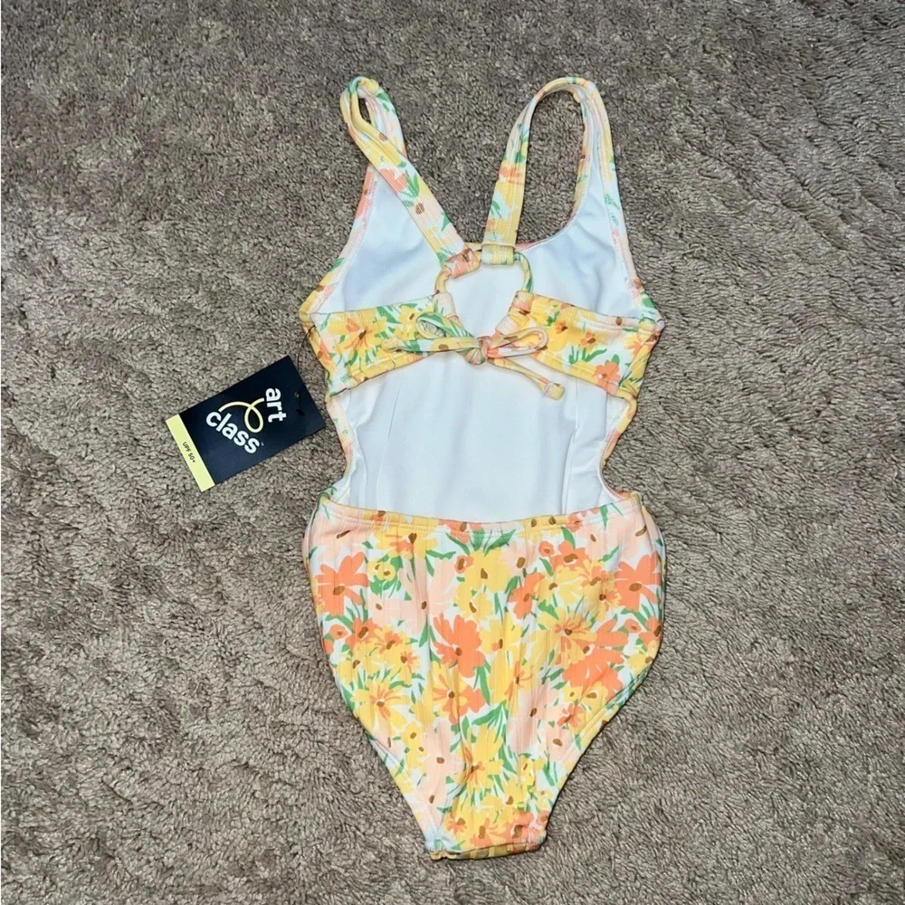 Art Class One Piece Yellow Floral Swimsuit Ribbed Bathing Suit Cut Out XS (4/5)